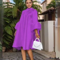 Olivia Mark - Cárdigan suelto con botones, cuello alto y mangas acampanadas, combinado con un vestido chic Women Loose Shirt, Plus Size Shirt Dress, Loose Shirt Dress, Loose Midi Dress, Button Shirt Dress, Purple Midi Dress, Dress Stand, Dress Shirt Sleeves, Graduation Outfit