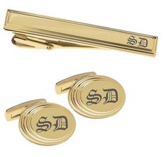 This gold cufflink & tie clip set can be custom engraved with names and dates or monogrammed with initials. These personalized cufflinks & tie clip have a beautiful high polished gold finish surrounded by a beveled edge frame to create a stylish accent to any cuffs. Our custom cufflink & tie clip sets make great personalized wedding gifts for your groomsmen and best man. All of our high quality cufflinks and tie clips are precision laser engraved by our expert team of engravers with a very quick Gold Suit And Tie Accessories For Father's Day, Father's Day Engraved Gold Cufflinks, Father's Day Gold Engraved Cufflinks, Classic Gold Suit And Tie Accessories, Wedding Gifts Groomsmen, Custom Cufflinks, Personalized Cufflinks, Groomsmen Gifts, Gold Cufflinks