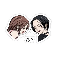 two girls with different hair styles and numbers on their faces sticker, one has the number