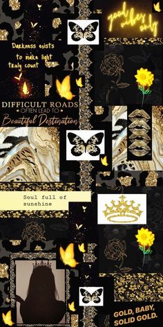 a collage of different images with gold and black designs on them, including the words difficult road