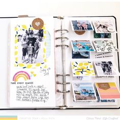 an open scrapbook with pictures and stickers on the pages that are filled with photos