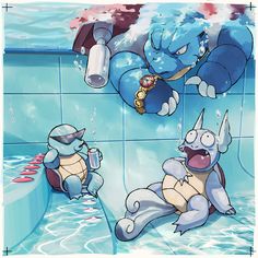 two cartoon characters playing in the water