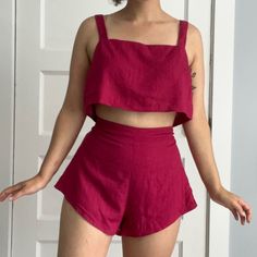 Raspberry Colored Matching Set From Showpo. Linen Fabric, High Waist Shorts, Crop Square Neck Top. Nwt. Red Two-piece Summer Bottoms, Red Two-piece Bottoms For Summer, Red Short Tops For Day Out, Red Tops For Day Out, Two Piece Shorts Set, Shorts Sets, Coord Set, Satin Shorts, Raspberry Color