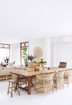 a living room filled with furniture and a wooden table in front of a large window