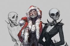 two skeletons dressed as santa claus and a skeleton in a suit