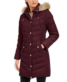 MICHAEL Michael Kors FAUX FUR TRIM HOODED DOWN PUFFER Brand: MICHAEL Michael Kors Color: Wine Material: Nylon; lining: polyester; knit trim: acrylic; faux fur trim face: modacrylic/acrylic; back:polyester; hood fill: polyester; body fill: down/ waterfowl feathers. Condition: New  Details:  Redefine your outerwear style in this cozy puffer coat from Michael Michael Kors, designed with gorgeous faux-fur trim and six clever pockets. Lined. Removable hood with attached faux-fur trim & stand collar; Fitted Michael Kors Winter Outerwear, Michael Kors Fall Outerwear For Cold Weather, Michael Kors Outerwear For Cold Weather In Fall, Medium Length Hair With Bangs, Down Puffer Coat, Puffer Coat, Hairstyles With Bangs, Fur Trim, Medium Length Hair Styles