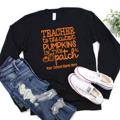 Tell the whole school about your cute pumpkins with our Cutest Pumpkins in the Patch shirt. To make this shirt extra special, you may add your school name to personalize. This is perfect for the fall season with trips to the pumpkin patch, fall carnivals, Thanksgiving celebrations and more. Our shirts are soft and will keep you comfortable in the busy fall season. Please be sure to check the measurement chart for an accurate fit. Best practice is to take a shirt that fits you well in the length School Long Sleeve T-shirt With Name Print, Long Sleeve Tops For End Of School Year Events, Fall School Spirit T-shirt With Text Print, School Spirit Text Print T-shirt For Fall, Long Sleeve Tops For School Events, Customizable Long Sleeve T-shirt For School Spirit, End Of School Year Long Sleeve T-shirt, Long Sleeve T-shirt For End Of School Year, Long Sleeve T-shirt For College Back To School