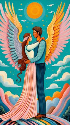 a painting of a man and woman hugging under an angel's wings with the sun in the background