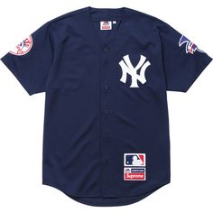 the new york yankees baseball jersey is shown in blue and has white lettering on it