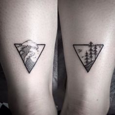 two tattoos on the legs of people with mountains and trees in them, one is black and white