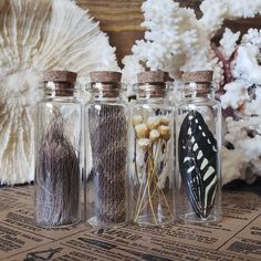 three glass bottles filled with different types of flowers and butterflies on top of a table