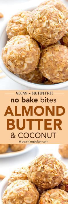 no bake bites almond butter and coconut cookies on a white plate with text overlay