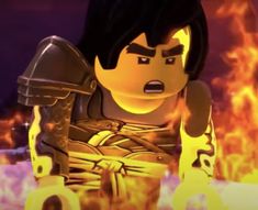 the lego movie character is sitting in front of a large fire and flames behind him