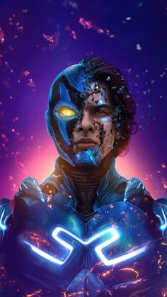 a man with glowing eyes and blue armor