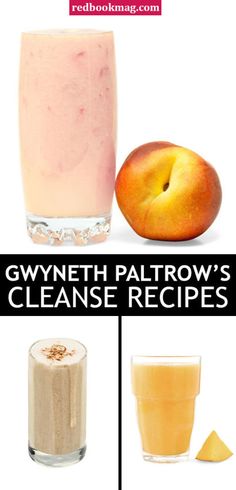 a collage of different foods including peaches, smoothies and juices with the words gwyneth paltrow's cleanse recipes