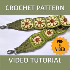 two crochet key fobs with flowers on them and the words video tutor written below