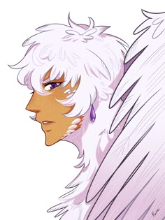 an angel with white hair and purple eyes is staring at something in the distance,