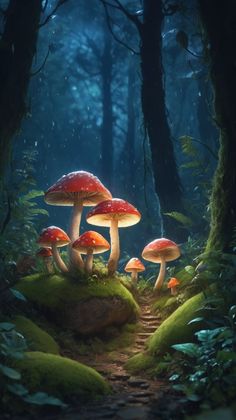 a group of mushrooms sitting on top of a lush green forest