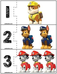 the paw patrol printable worksheet is shown with numbers and images for each character