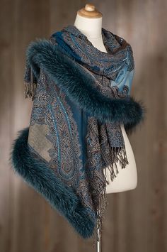 Generously edged in Canadian blue fox fux, this warm yet lightweight shawl goes with casual or evening clothes for a fine fashion finish. Free shipping   returns. Evening Clothes, Embroidered Shawl, Embroidered Wool, Style Savvy, Wool Shawl, Fantasy Dress, Fantasy Clothing, Fantasy Fashion, Character Outfits