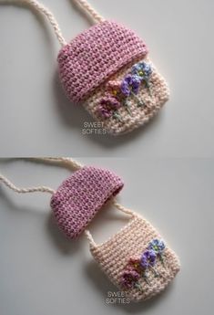 two crocheted hats with flowers on them