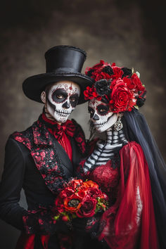 two people dressed up in skeleton makeup and red flowers, posing for the camera with each other