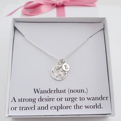 Wanderlust necklace jewelry gift, personalised world map initial necklace, adventure travel necklace jewelry gift for friend globe necklace Our world map necklace is simply gorgeous - the perfect gift for a wanderlust or travel enthusiast, as a gift to them on their next adventure! Small sterling silver world map charm and initial hanging on a delicate sterling silver chain. Stylish and effortlessly classy, would be perfect for layering with other necklaces. Explore our gorgeous collection of da Personalized Stainless Steel Jewelry As Gift For Her, Personalized Adjustable Jewelry For Travel, Handmade Adjustable Charm Necklaces For Best Friend, Personalized Pendant Necklace For Best Friend, Minimalist Adjustable Jewelry For Best Friend Gift, Minimalist Nickel Free Necklace For Best Friend, Minimalist Nickel-free Necklace For Best Friend, Dainty Round Pendant Necklace For Best Friend, Elegant Silver Jewelry For Travel