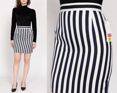 Vintage 90s dark navy blue & white striped mini pencil skirt. The fabric is super soft. Original tag still attached! Measurements and Condition: Fits like: Women's XS to small (25.5" waist) Fabric: Poly/viscose Brand: Clock House Condition: Deadstock Length: 19.5" Waist: 25.5" Hips: 37" - taken at the bottom of the zipper opening Shown on a 5'8" model with measurements of 35"-26"-38", usually wears a size small to medium. See our FAQ for more info on sizing and condition ratings. Chic Fitted Lined Bottoms, Striped Mini Length Fitted Skirt, Striped Fitted Mini Skirt, Fitted Striped Mini Skirt With Lining, Fitted Striped Mini Skirt For Spring, Summer Workwear Skirt With Vertical Stripes, Fitted Striped Skirt For Spring, Fitted Striped Mini Skirt, Chic Striped Fitted Mini Skirt