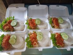 six takeout containers filled with rice, cucumbers and sauce