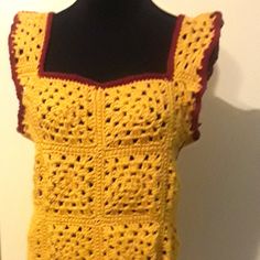 Sleeveless Gold Pullover With Burgundy Trim. The Size Is Small/Medium, It Falls Just Below The Waistline. Fitted Sleeveless Crochet Top For Summer, Fitted Sleeveless Crochet Top, Casual Yellow Crochet Sleeveless Top, Yellow Sleeveless Crochet Top For Spring, Yellow Sleeveless Crochet Top Casual, Sleeveless Cotton Crochet Top, Casual Yellow Sleeveless Crochet Top, Yellow Cotton Sleeveless Camisole, Yellow Sleeveless Cotton Camisole