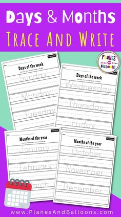 two worksheets with the words days and months trace and write written on them