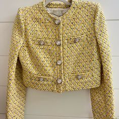 Gorgeous Alessandra Rich Jacket With Crystal Buttons! Nwt. Matching Skirt Available In Different Listing. Chic Yellow Blazer, Elegant Yellow Fall Blazer, Elegant Yellow Winter Blazer, Elegant Yellow Spring Outerwear, Blue Tweed Jacket, Light Blue Skirts, Blue Tweed, Alessandra Rich, Crystal Buttons