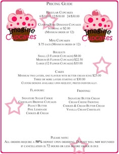 a menu for a cupcake shop with pink frosting and stars on the side