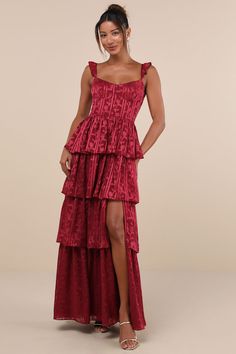 Stunning Glory Wine Red Floral Jacquard Tiered Maxi Dress