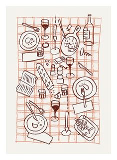 a drawing of food and wine on a table cloth