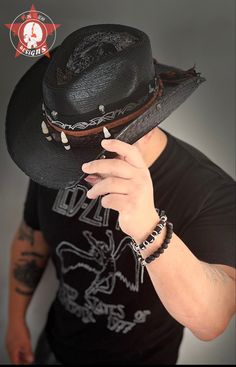 REBEL HAT 🔥☠️ Sombrero Cowboy, Famous Guitarists, Biker Design, Custom Cowboy Hats, Black Cowboy Hat, Black Cowboy, Western Cowboy Hats, Carved Bone, Hat Ideas