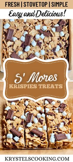 the recipe for s'mores krispies treats with marshmallows on top