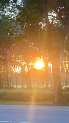 the sun is setting behind some trees on the side of the road with no cars