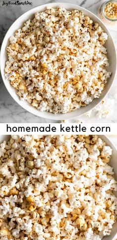 two bowls filled with popcorn sitting on top of a table