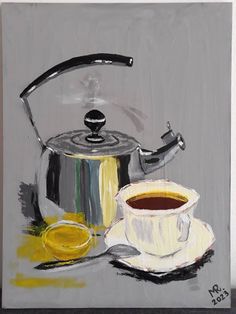 a painting of a tea pot and cup with saucer next to it on a gray background