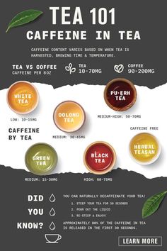 tea 101 caffeine in tea info poster with different types of coffees and their names