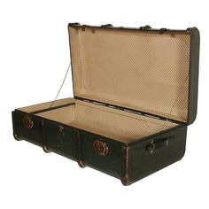 an old black suitcase is open on a white background