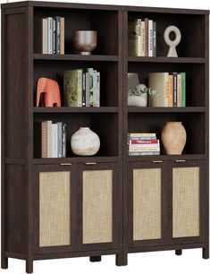 the bookcase is made from wood and has wicker doors