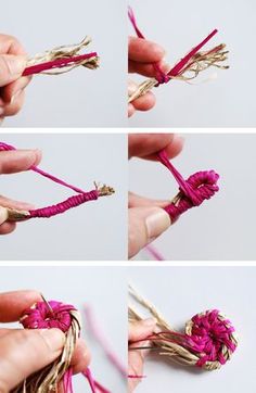 four pictures showing how to make a flower out of twine