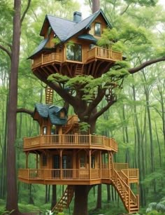 a tree house in the middle of a forest