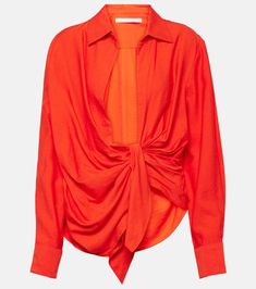 La Chemise Bahia gathered shirt in orange - Jacquemus | Mytheresa Luxury Orange Blouse, Ruched Formal Tops For Summer, Summer Formal Ruched Tops, Formal Ruched Tops For Summer, Chic Ruched Button-up Top, Chic Long Sleeve Rayon Shirt, Chic Ruched Silk Tops, Chic Long Sleeve Viscose Shirt, Chic Ruched Blouse For Daywear