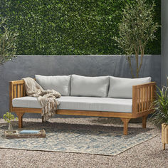 a couch sitting on top of a rug in front of a wall covered with green plants