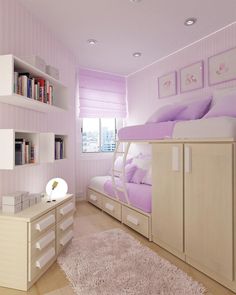 a bedroom with a bunk bed, desk and bookshelf in the middle of it