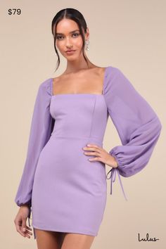 You're sure to sweep them off their feet every time when you're wearing the Lulus Delightful Love Lavender Lace-Up Balloon Sleeve Mini Dress! Stretchy, midweight crepe knit fabric shapes this darling dress that has long, semi-sheer sleeves with elastic at the shoulders and cuffs with functional drawstring details. Fitted bodice features a square neckline and a flattering, seamed design with a sultry lace-up back. Bodycon skirt finishes at a mini hem. Hidden zipper/clasp at back. Fit: This garmen Purple Hoco Dress, Yellow Homecoming Dresses, Orange Homecoming Dresses, Homecoming Dresses Bodycon, Homecoming Dresses Corset, Strapless Homecoming Dresses, Long Sleeve Homecoming Dresses, Purple Homecoming Dress, White Homecoming Dresses