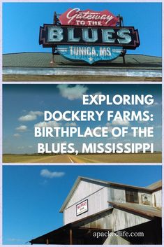 three different signs on the side of a building that says, exploreing dockery farms birth place of the blues, mississippi